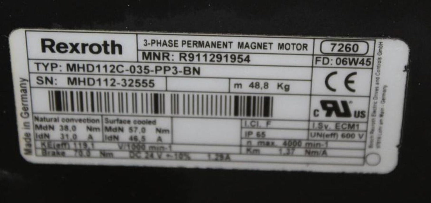 REXROTH INDRAMAT MHD112C-035-PP3-BN - R911291954 3P SERVO MOTOR W/BRAKE NSMP