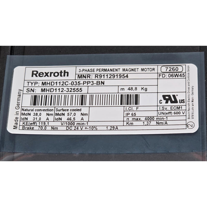 REXROTH INDRAMAT MHD112C-035-PP3-BN - R911291954 3P SERVO MOTOR W/BRAKE NSMP