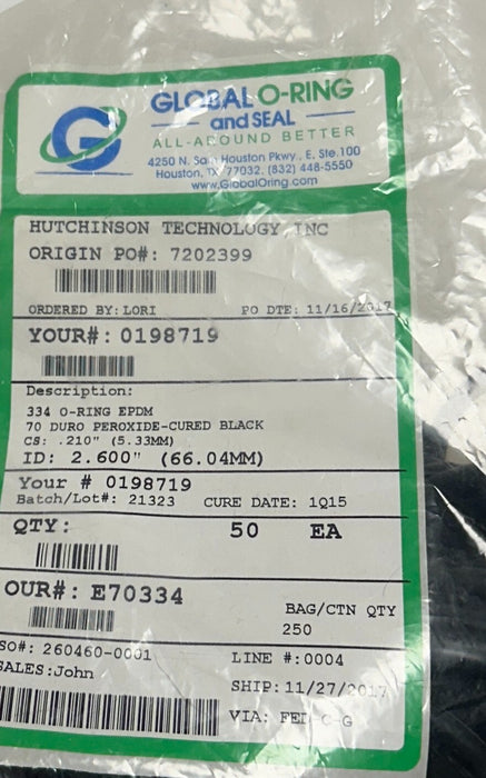 50 GLOBAL O-RING AND SEAL E70334 O-RINGS DURO 70 BLACK 2.60'' ID (66.04mm) NSMP