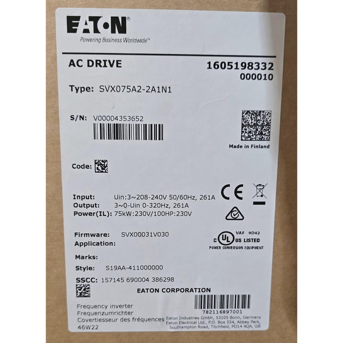 EATON C-H SVX075A2-2A1N1 SVX9000 ADJUSTABLE FREQUENCY DRIVE 75kW/100HP NSMP