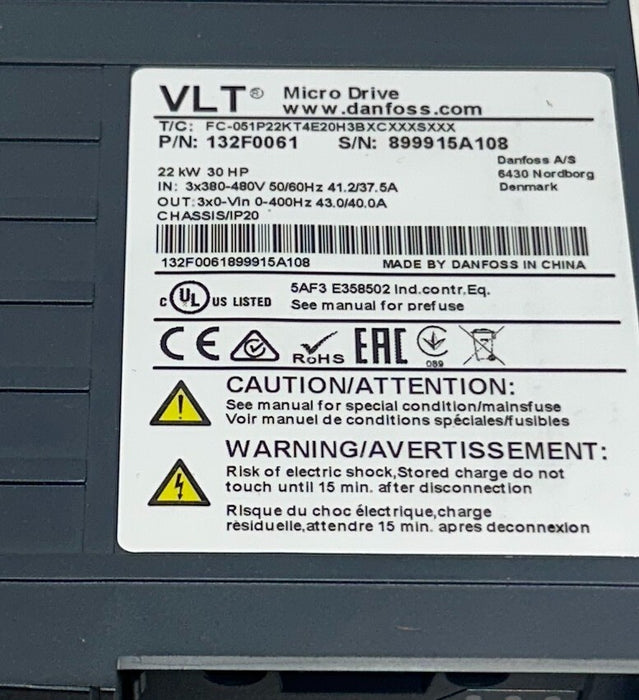 DANFOSS FC-051P22KT4E20H3BXCXXXSXXX / 132F0061 VLT MICRO DRIVE 22kW/30HP NSMP