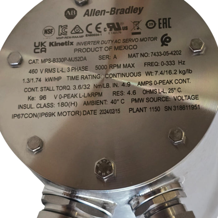 ALLEN BRADLEY MPS-B330P-MJ52DA /A Kinetix INVERTER DUTY AC SERVO MOTOR 460V NSNP