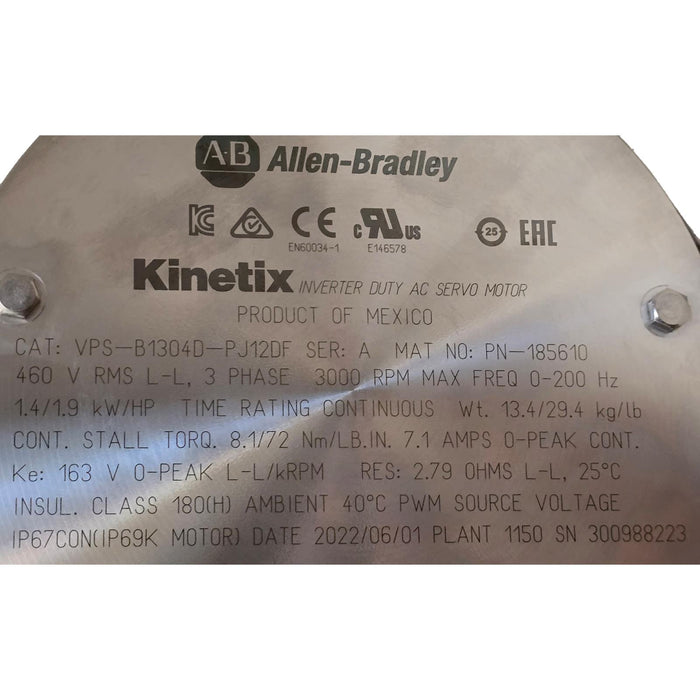 ALLEN BRADLEY VPS-B1304D-PJ12DF /A Kinetix VPS S/S SERVO MOTOR 1.9HP/480V NSNP