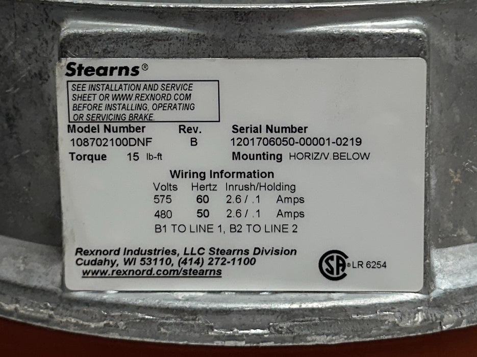 STEARNS 108702100DNF Rev. B 8700 SERIES NEMA2 575VAC BRAKE ASSEMBLY 15LB-FT NSNP