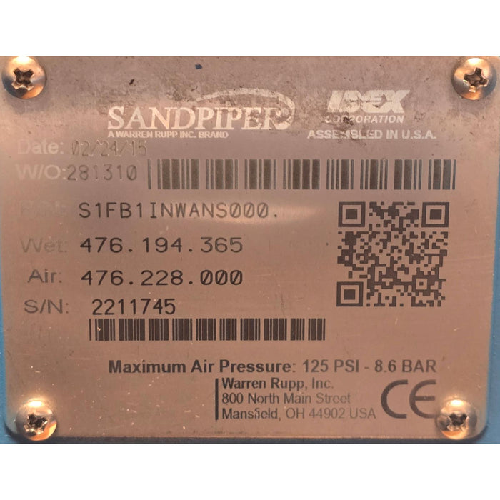 WARREN RUPP SANDPIPER S1FB1INWANS000 DOUBLE-DIAPHRAGM (AODD) PUMP 42GPM 1" NSMP