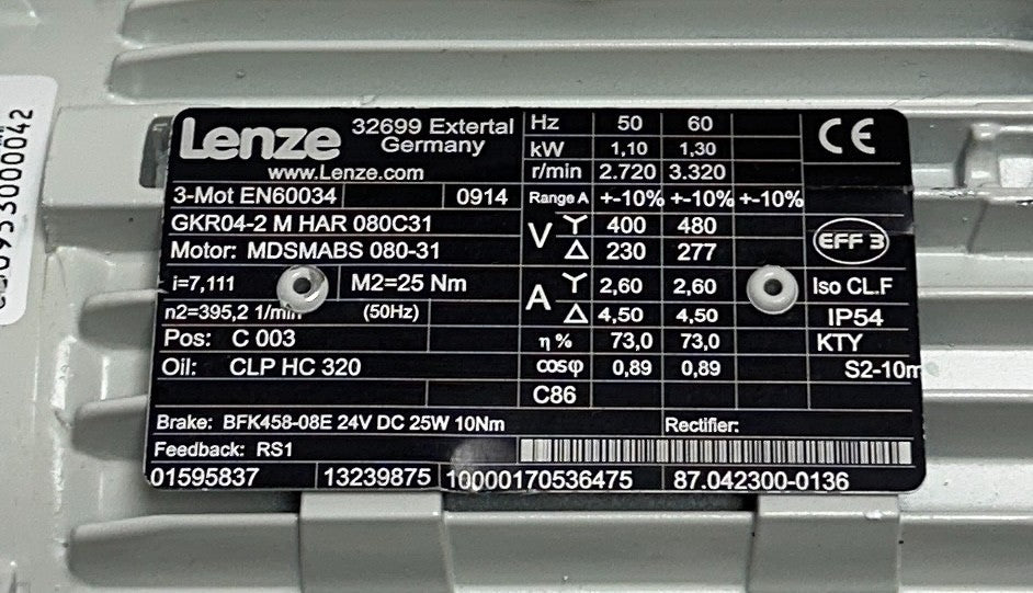 LENZE GKR04-2 M HAR 080C31 / MDSMABS 080-31 / BFK458-08E GEARMOTOR 13239875 NSNP