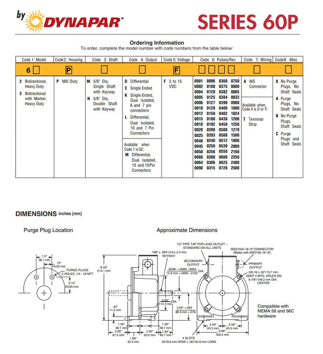 DYNAPAR 62-PMKF-1024-A0 - M060223 60P Rotopulser ENCODER 56 C-FACE ENCODER NSNP