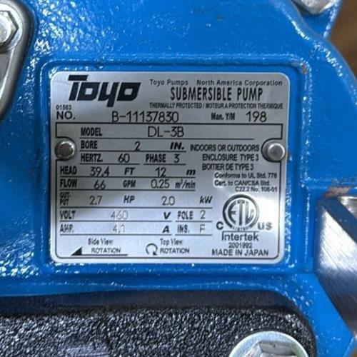 HEVVY/TOYO PUMPS DL-3B 2" SUBMERSIBLE SLURRY PUMP 66GPM DL-3B-460V-60Hz NSNP