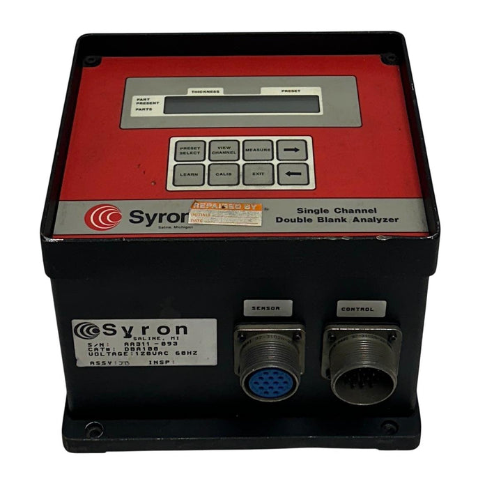 SYRON DBA100 SINGLE CHANNEL DOUBLE BLANK ANALYZER 120VAC 60Hz SENSOR/CONTROL REP