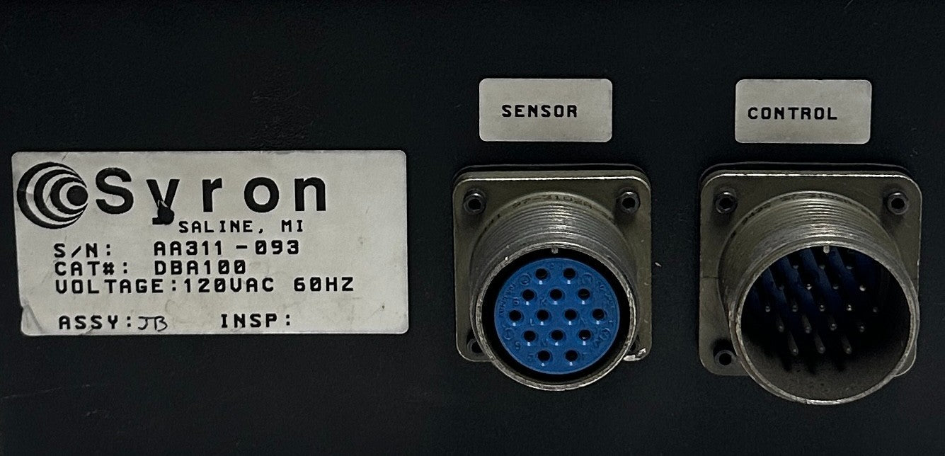 SYRON DBA100 SINGLE CHANNEL DOUBLE BLANK ANALYZER 120VAC 60Hz SENSOR/CONTROL REP