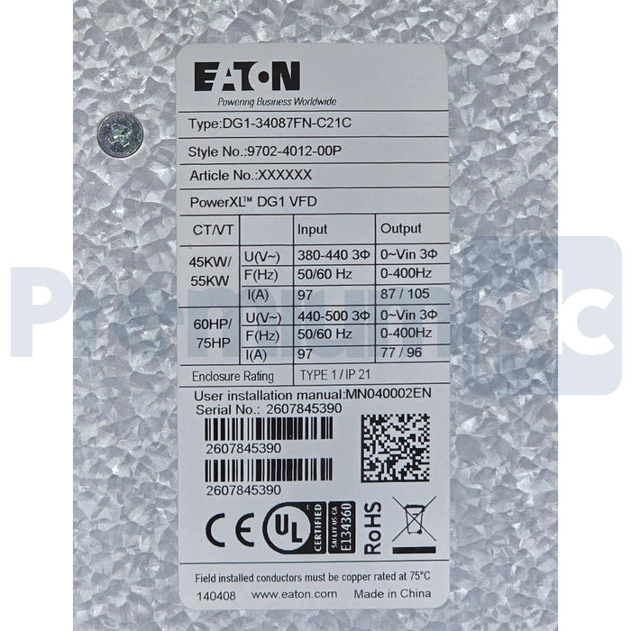 EATON DG1-34087FN-C21C PowerXL DG1 VFD 60/75HP 3P/440-500V 9702-4012-00P NSNP