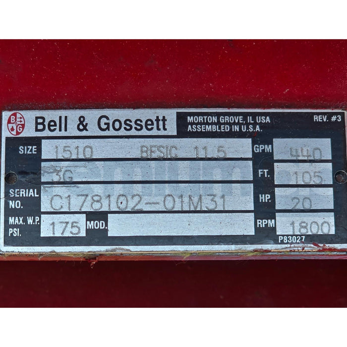 BELL & GOSSETT SERIES 1510 PUMP MODEL 3G - 440GPM 105FT 20HP 1800RPM 11.5"(READ)