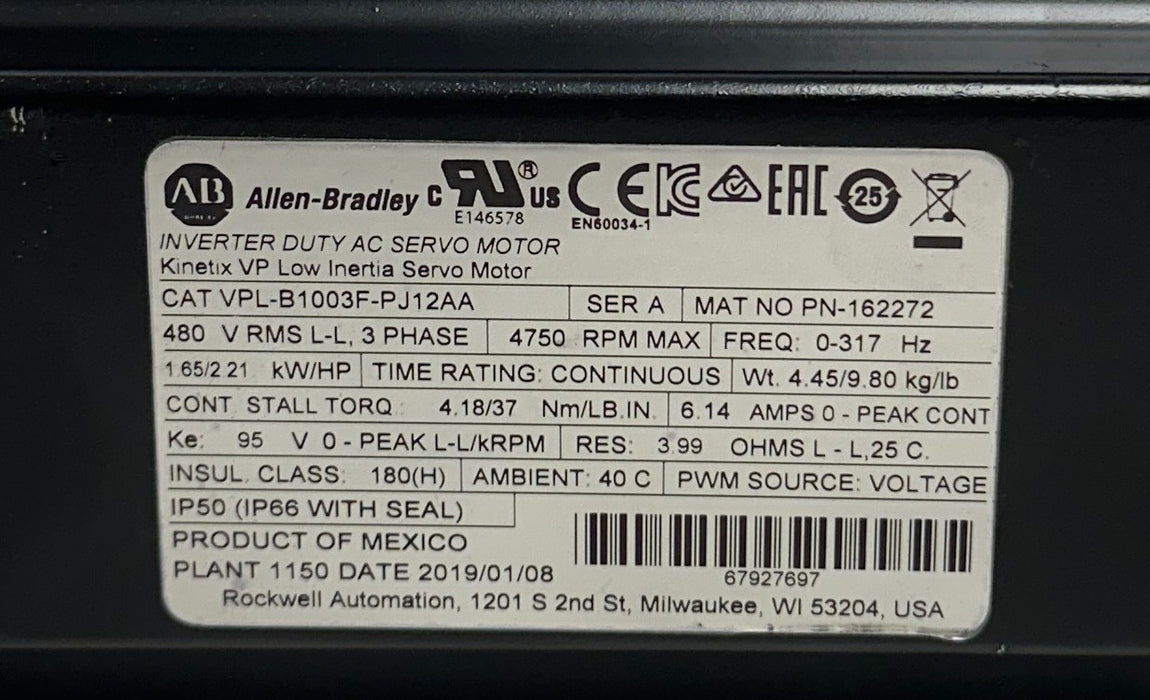 ALLEN BRADLEY VPL-B1003F-PJ12AA /A Kinetix LOW INERTIA SERVO 1.65kW/2.21HP USNP
