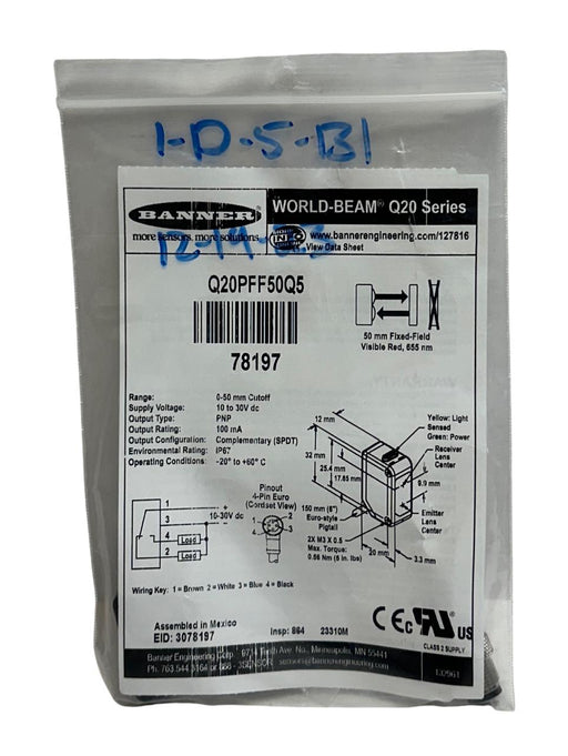 BANNER Q20PFF50Q5 / 78197 WORLD-BEAM Q20 SERIES PHOTOELECTRIC SENSOR 10-30V NSMP