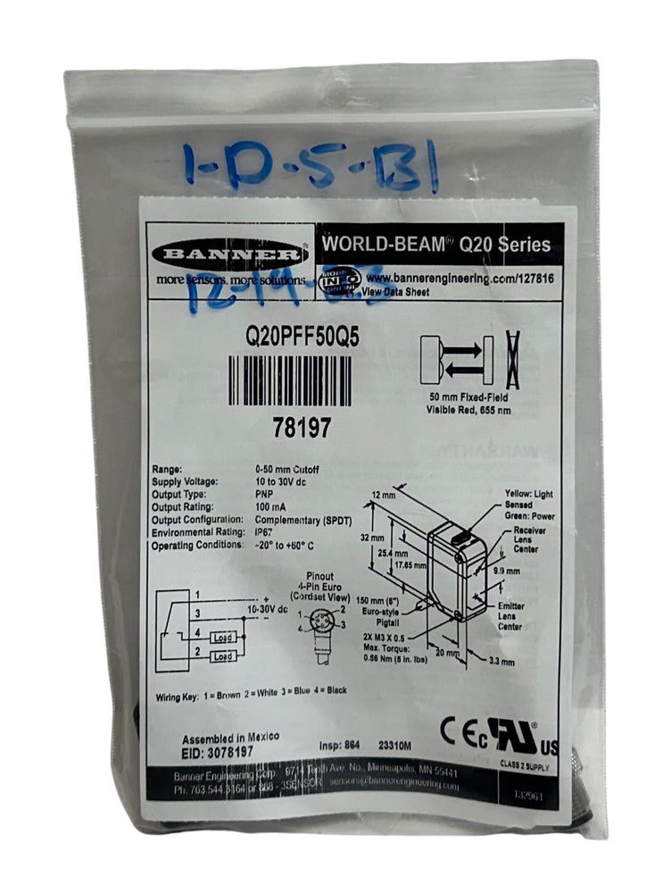 BANNER Q20PFF50Q5 / 78197 WORLD-BEAM Q20 SERIES PHOTOELECTRIC SENSOR 10-30V NSMP