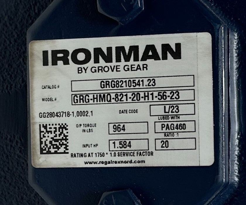GROVE GEAR IRONMAN GRG-HMQ821-20-H1-56-23 / GRG8210541.23 GEAR REDUCER 20:1 NSNP