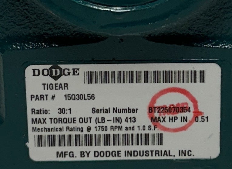 DODGE 15Q30L56 TIGEAR RIGHT ANGLE WORM GEAR REDUCER 30:1 RATIO 0.51HP INPUT NSNP