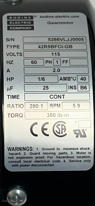 BODINE ELECTRIC 42R5BFCI-GB / 5266 RIGHT ANGLE GEARMOTOR 1/6HP 280:1 RATIO NSNP