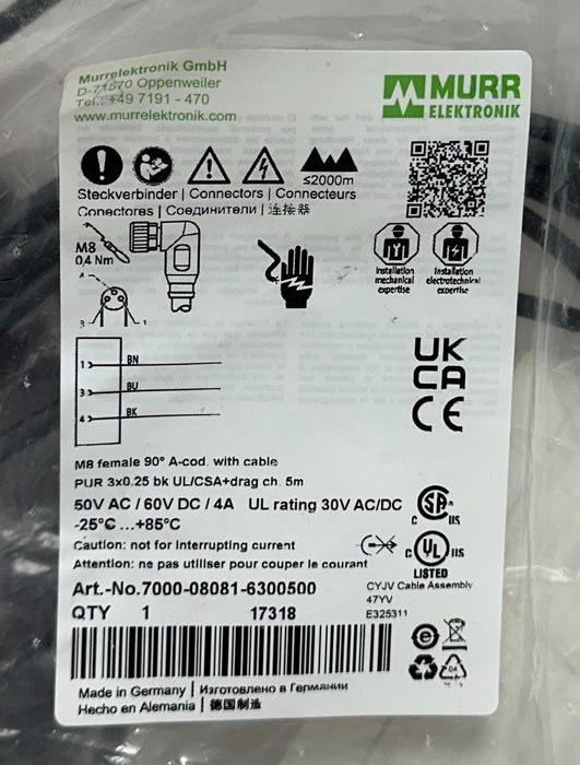 2 MURR ELEKTRONIK 7000-08041-6100500 / 7000-08081-6300500 CONNECTION CABLES NSFS
