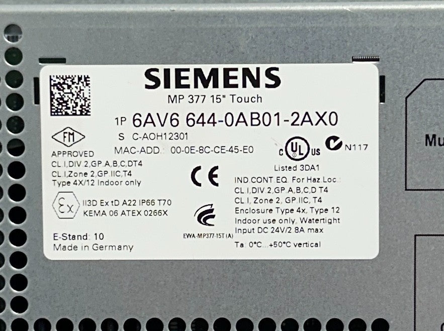 SIEMENS 6AV6 644-0AB01-2AX0 / 6AV66440AB012AX0 SIMATIC MULTI PANEL MP 377 USNP