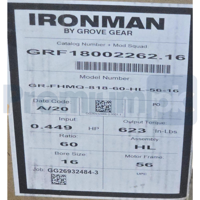 GROVE GEAR IRONMAN GR-FHMQ818-60-HL-56-16 GEAR REDUCER 60:1 GRF18002262.16 NSMP