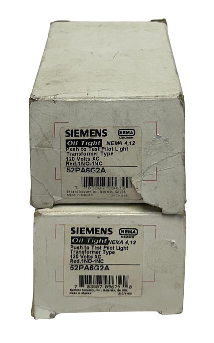 2 SIEMENS 52PA6G2A Oil Tight PUSH TO TEST PILOT LIGHTS 120VAC RED 1NO-1NC NSMP