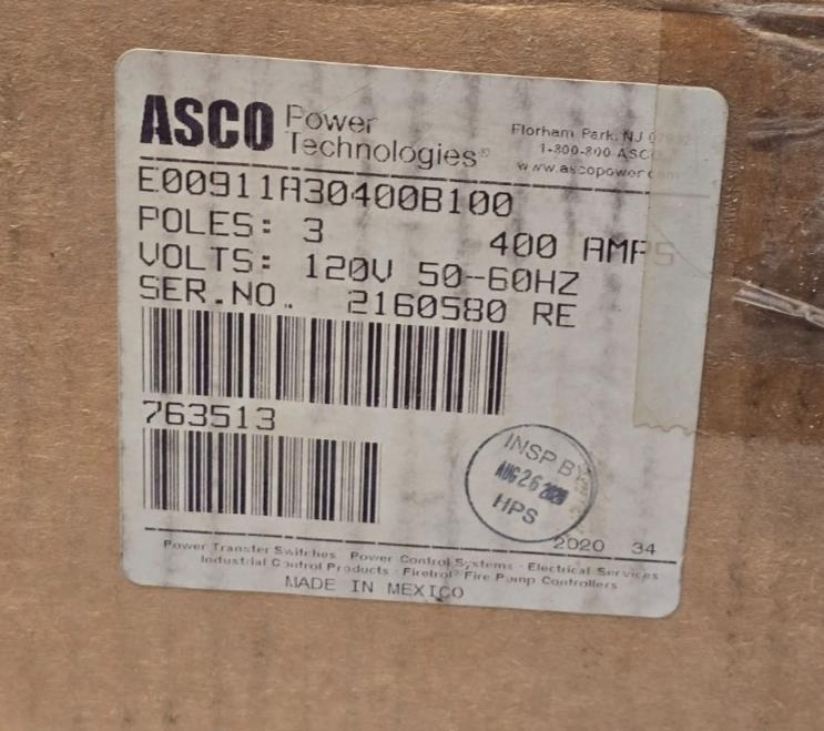 ASCO SERIES 911 REMOTE CONTROL SWITCH 3P 400A , 120V COIL E00911A30400B100 NSMP