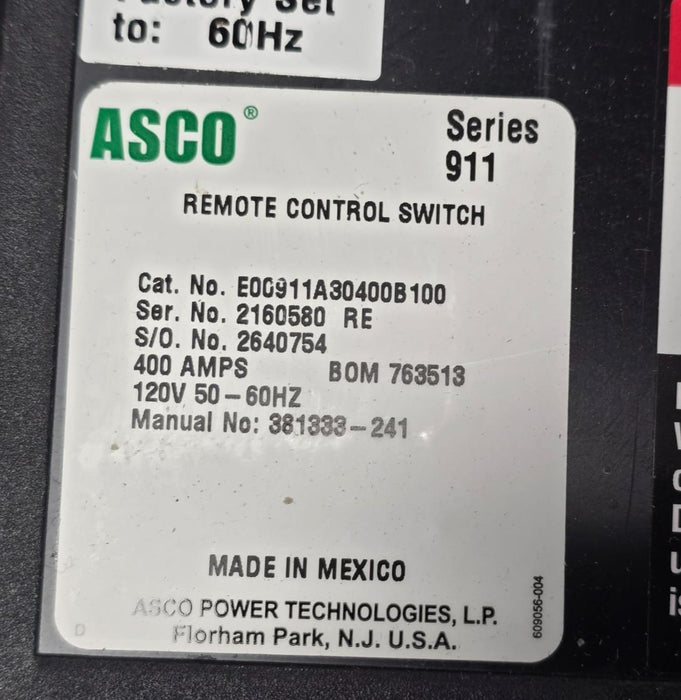 ASCO SERIES 911 REMOTE CONTROL SWITCH 3P 400A , 120V COIL E00911A30400B100 NSMP