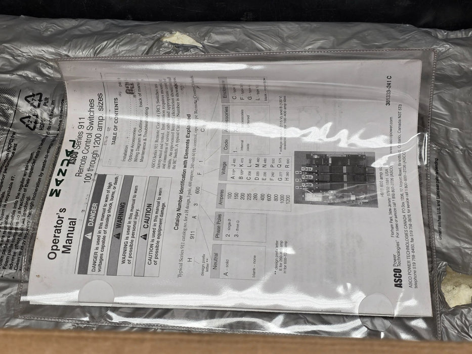 ASCO SERIES 911 REMOTE CONTROL SWITCH 3P 400A , 120V COIL E00911A30400B100 NSMP