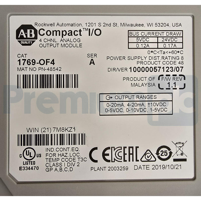 ALLEN BRADLEY 1769-OF4 /A CompactLogix I/O 4-CH ANALOG ~/V OUTPUT MODULE NSMP