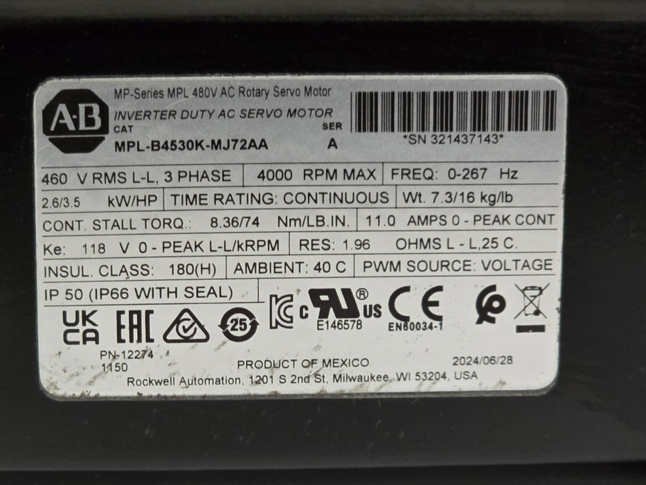 ALLEN BRADLEY MPL-B4530K-MJ72AA /A Kinetix MPL  AC SERVO MOTOR 3.5HP 460V NSNP