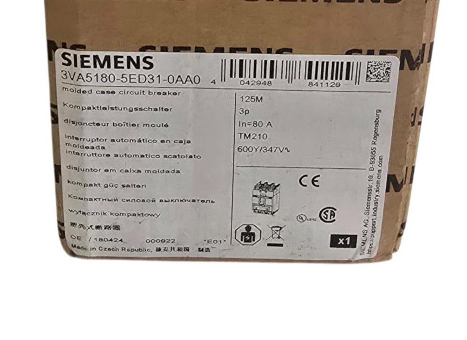 SIEMENS 3VA5180-5ED31-0AA0 - 3VA5 SENTRON MCCB CIRCUIT BREAKER 3P 80A 125M NSMP