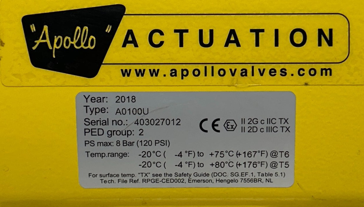 APOLLO A0100U / 88A148AR SPRING-RETURN ACTUATOR AND BALL VALVE 2'' 316SS NSNP