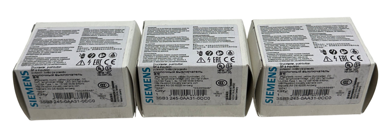 3 SIEMENS 3SB3 245-0AA31-0CC0 PUSH BUTTONS YELLOW ILLUMINATED 24V LED NSMP