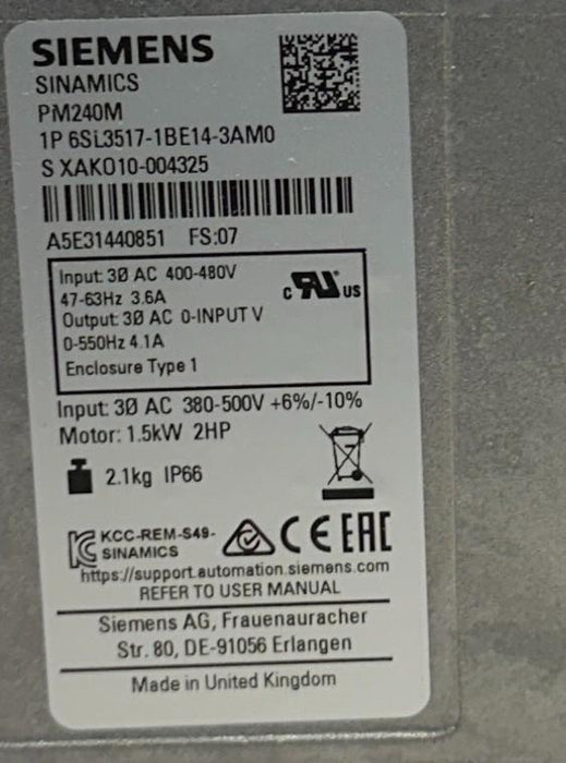 SIEMENS 6SL3517-1BE14-3AM0 / 6SL35171BE143AM0 SINAMICS PM240M POWER MODULE NSMP