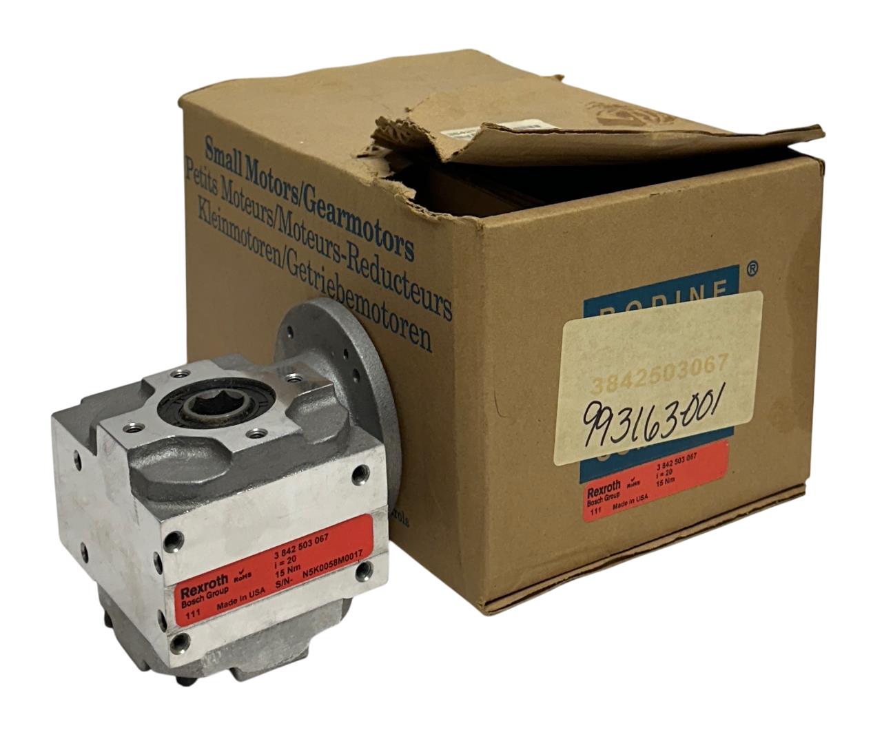 BODINE / REXROTH 3842503067 SLIP-ON GEAR REDUCER 20:1 RATIO 15Nm OEM NSMP