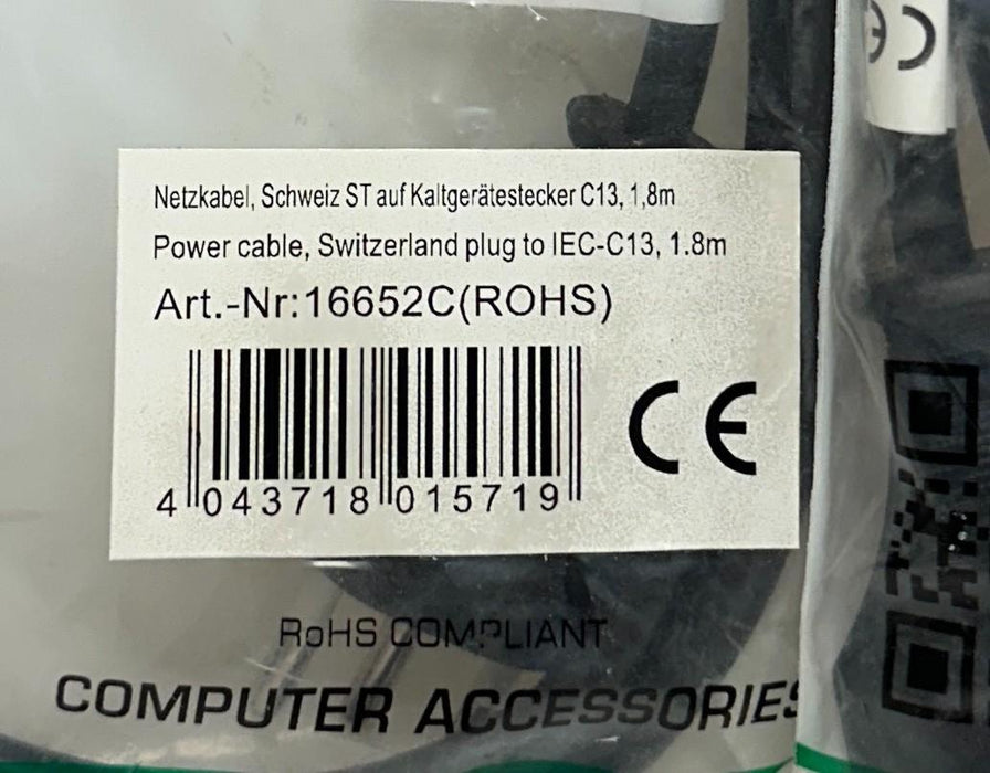 2 INLINE 16652C POWER CABLES SWITZERLAND PLUG TO IEC-C13 1.8M LENGTH NSMP