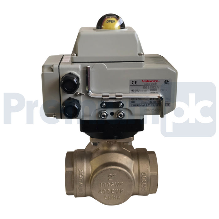 VALWORX 567916A 2" ELECTRIC ACTUATED 3-WAY BRASS T-DIVERTER VALVE 110VAC 561862A