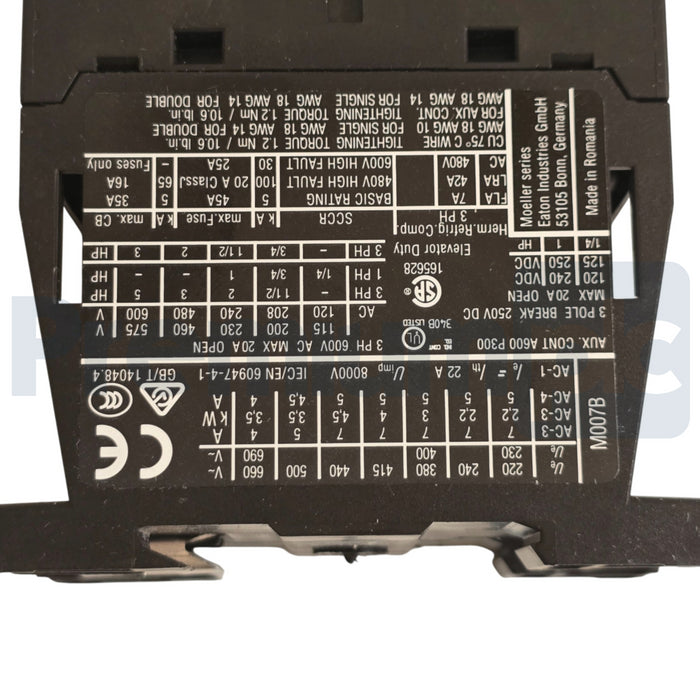 EATON XTCE007B10AD - DILM7-10 XT IEC CONTACTOR 7A, 120V DC COIL, 3P DILM710 NSMP