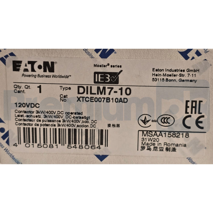 EATON XTCE007B10AD - DILM7-10 XT IEC CONTACTOR 7A, 120V DC COIL, 3P DILM710 NSMP