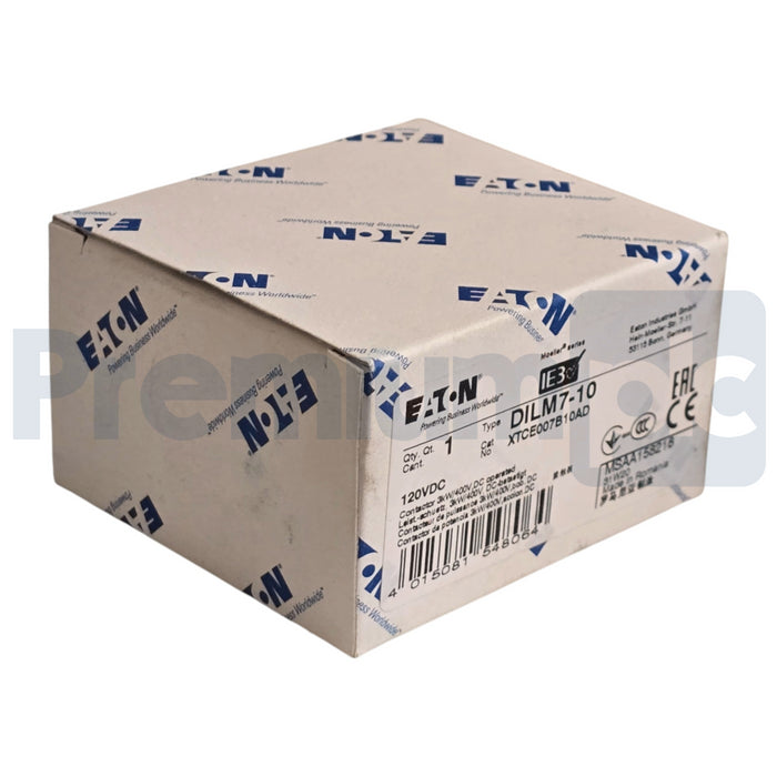 EATON XTCE007B10AD - DILM7-10 XT IEC CONTACTOR 7A, 120V DC COIL, 3P DILM710 NSMP
