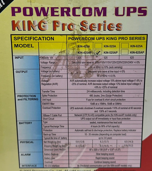 POWERCOM UPS KIN-525AP / KIN525AP KING Pro Series EMERGENCY POWER BACKUP NSMP