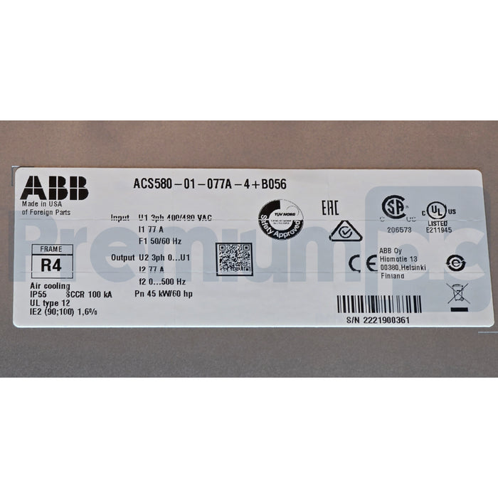 ABB ACS580-01-077A-4+B056 LV AC DRIVE 3AUA0000219775 480V, 50/60HP, 77A NSNP