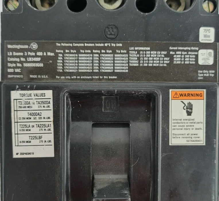 EATON WESTINGHOUSE LB3400F CIRCUIT BREAKER 3P 400A 5680D03G08 w/ 300A TRIP NSNP