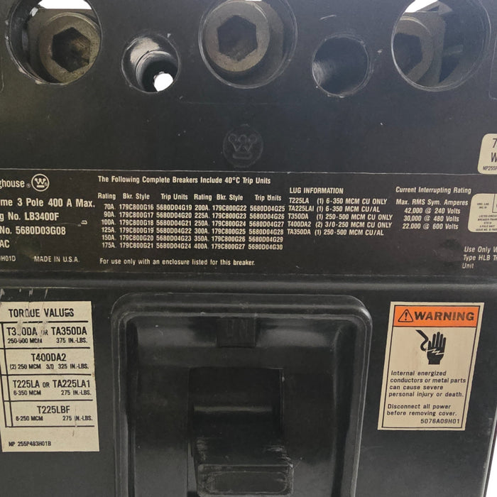 EATON WESTINGHOUSE LB3400F CIRCUIT BREAKER 3P 400A 5680D03G08 w/ 300A TRIP NSNP