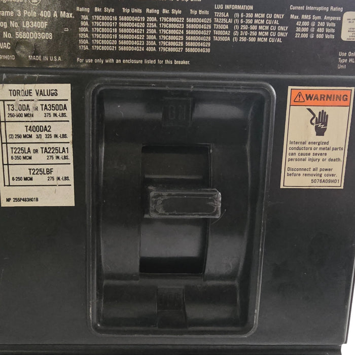 EATON WESTINGHOUSE LB3400F CIRCUIT BREAKER 3P 400A 5680D03G08 w/ 300A TRIP NSNP