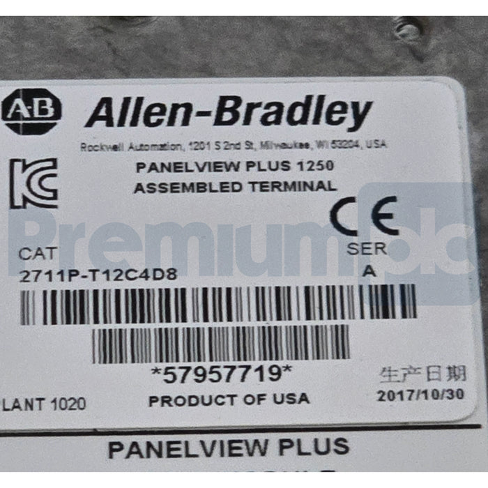 ALLEN BRADLEY 2711P-T12C4D8 /A PanelView Plus 6 1250 TERMINAL, TOUCH NSMP (read)