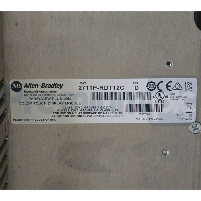 ALLEN BRADLEY 2711P-T12C4D8 /A PanelView Plus 6 1250 TERMINAL, TOUCH NSMP (read)