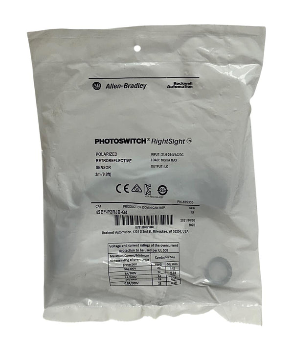 ALLEN BRADLEY 42EF-P2RJB-G4 /B PHOTOSWITCH RightSight POLARIZED SENSOR 3M NSFS