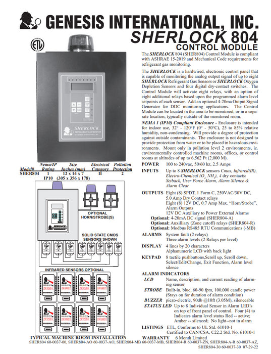GENESIS INTL. 60-0037 SHERLOCK 804 (SHER804) REFRIGERANT GAS MONITOR 8-ZONE NSNP